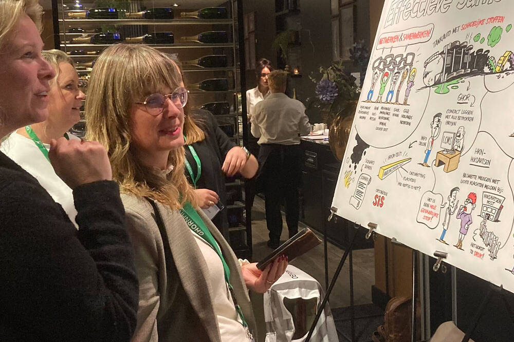 Medewerkers bedrijf bekijken werk van graphic recorder tijdens brainstorm