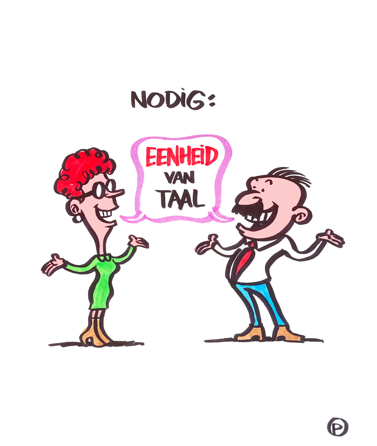 Tekening van visueel notulist over eenheid van taal, twee poppetjes met een tekstballoon