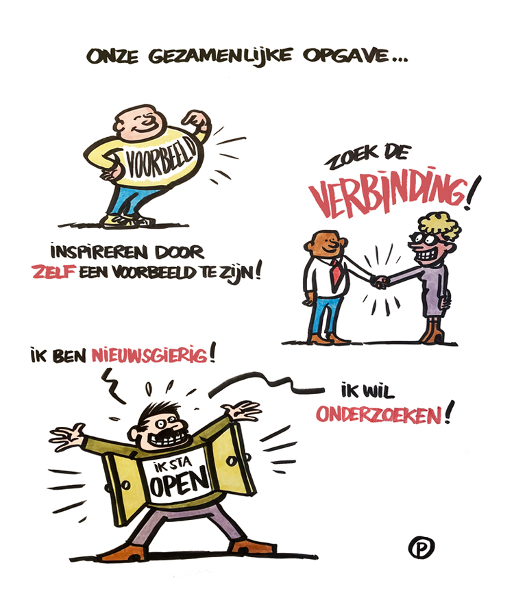 Visual notes met poppetjes die verbinding en nieuwsgierigheid uitbeelden
