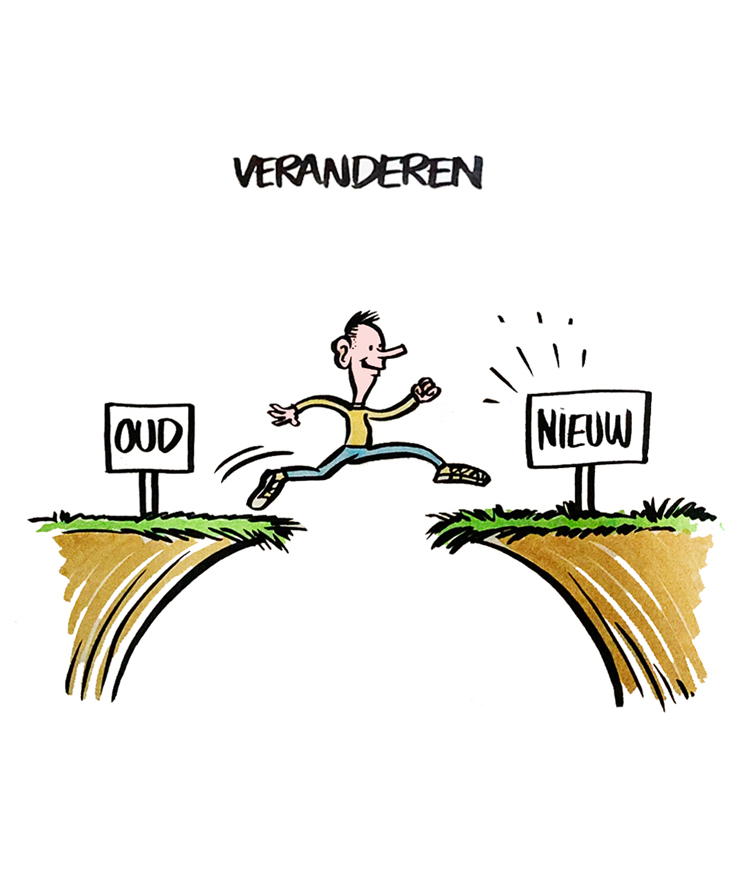 Zakelijk tekenen met poppetje dat een ravijn overspringt van Oud naar Nieuw