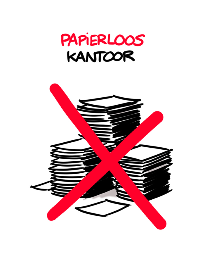 Illustratie van stapels papier met een rood kruis: Papierloos kantoor