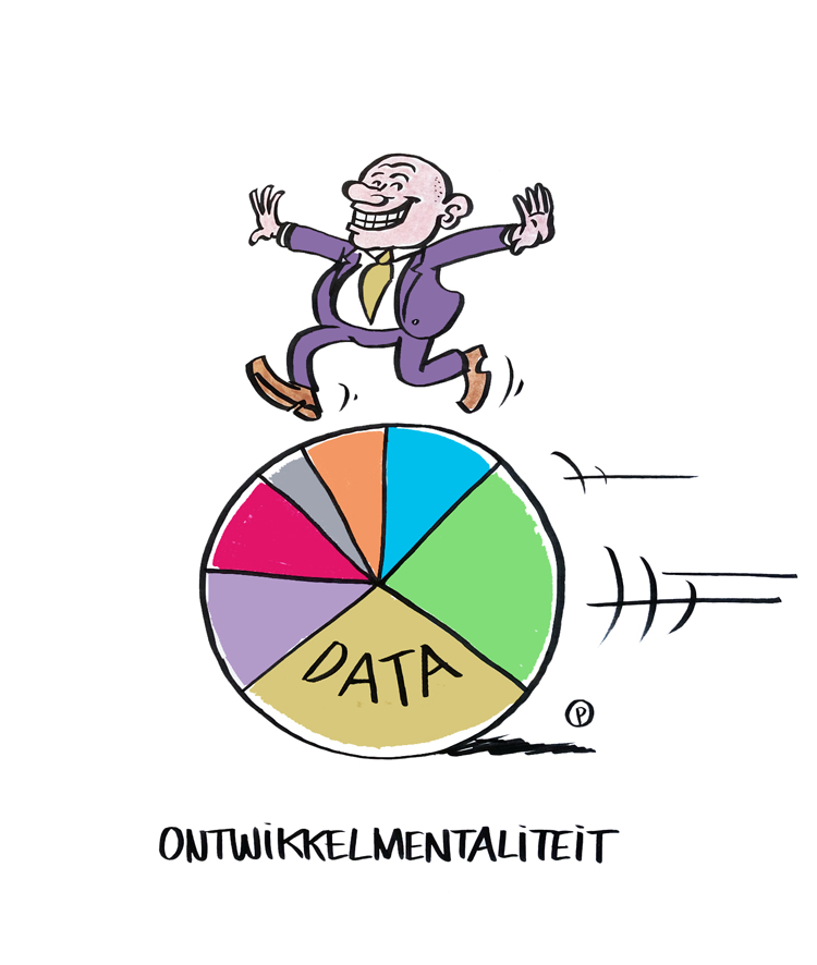 Kaal mannetje wandelt over een data diagram als een bal