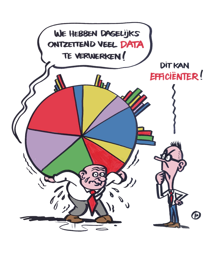 Live cartooning voorbeeld van mannetje dat zwaar diagram draagt